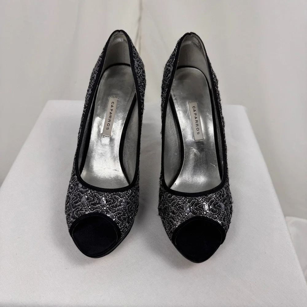 Caparros Peep Toe Heels Women 7B Black Silver Lace Sequin Sparkle Leather Sole